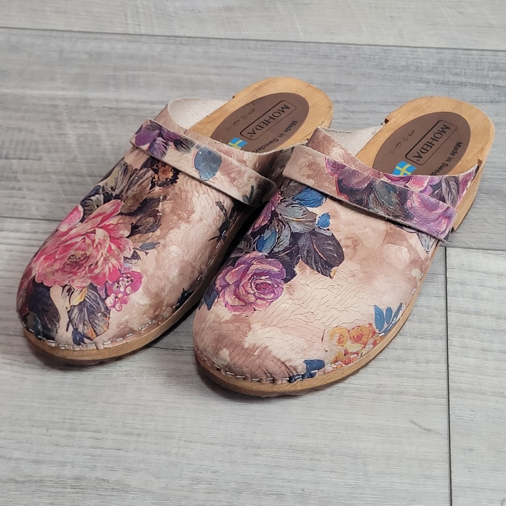 🌸Moheda Sweden Floral Leather Wooden Clogs Women 40 /US 9-9.5 (c-video) - Picture 4 of 16